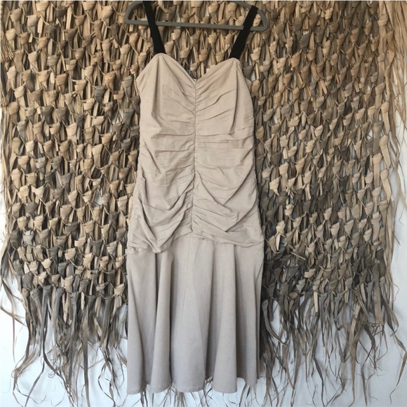 Anthropologie- Atsu linen ruched drop waist hem midi dress- beige & black straps - Picture 6 of 10